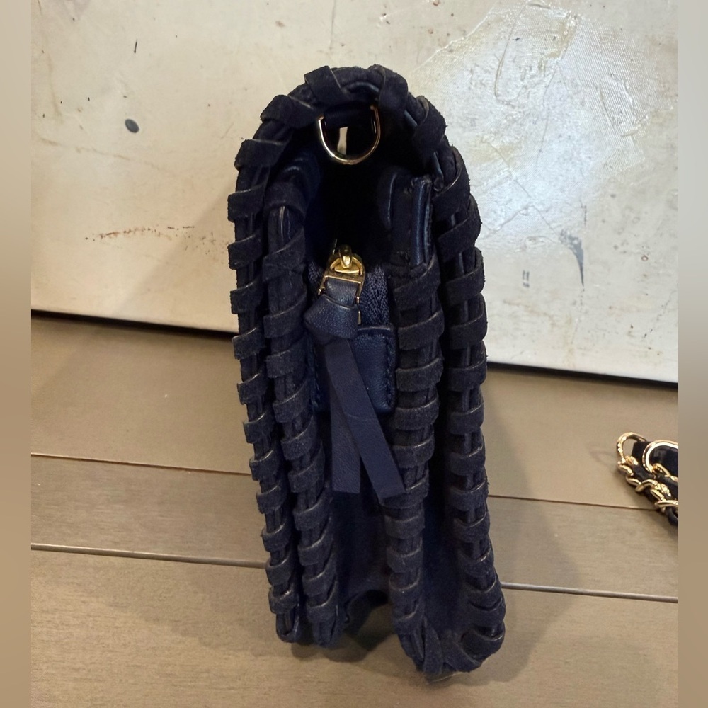 Tory Burch Marion Suede Crossbody Clutch Navy Blue Gold Chain Whipstitch Bag - Picture 9 of 12
